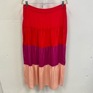 Marie Oliver 100% Silk Colorblock Tiered Midi Skirt Pink Red Sz 6